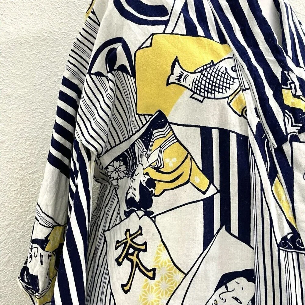 100% Linen Japanese Kimono Traditional Folk Unique Blue Yellow One Size